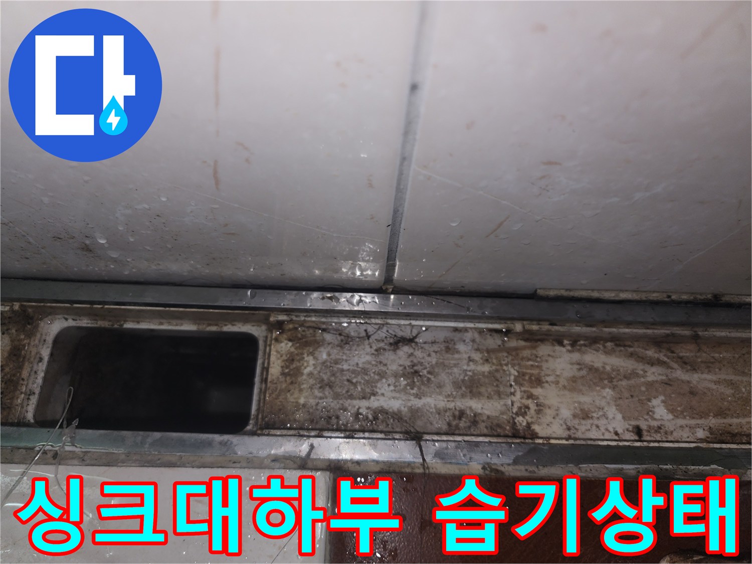 주방 싱크대 밑-습기로 오염된 마감재 부위