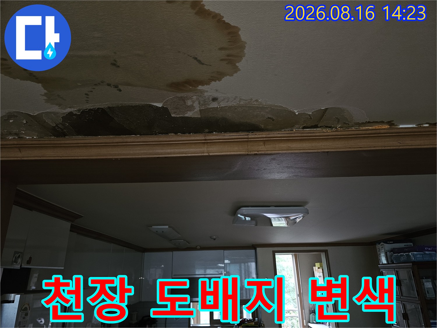 갈색 물얼룩이 넓게 퍼진 천장 도배지 상태