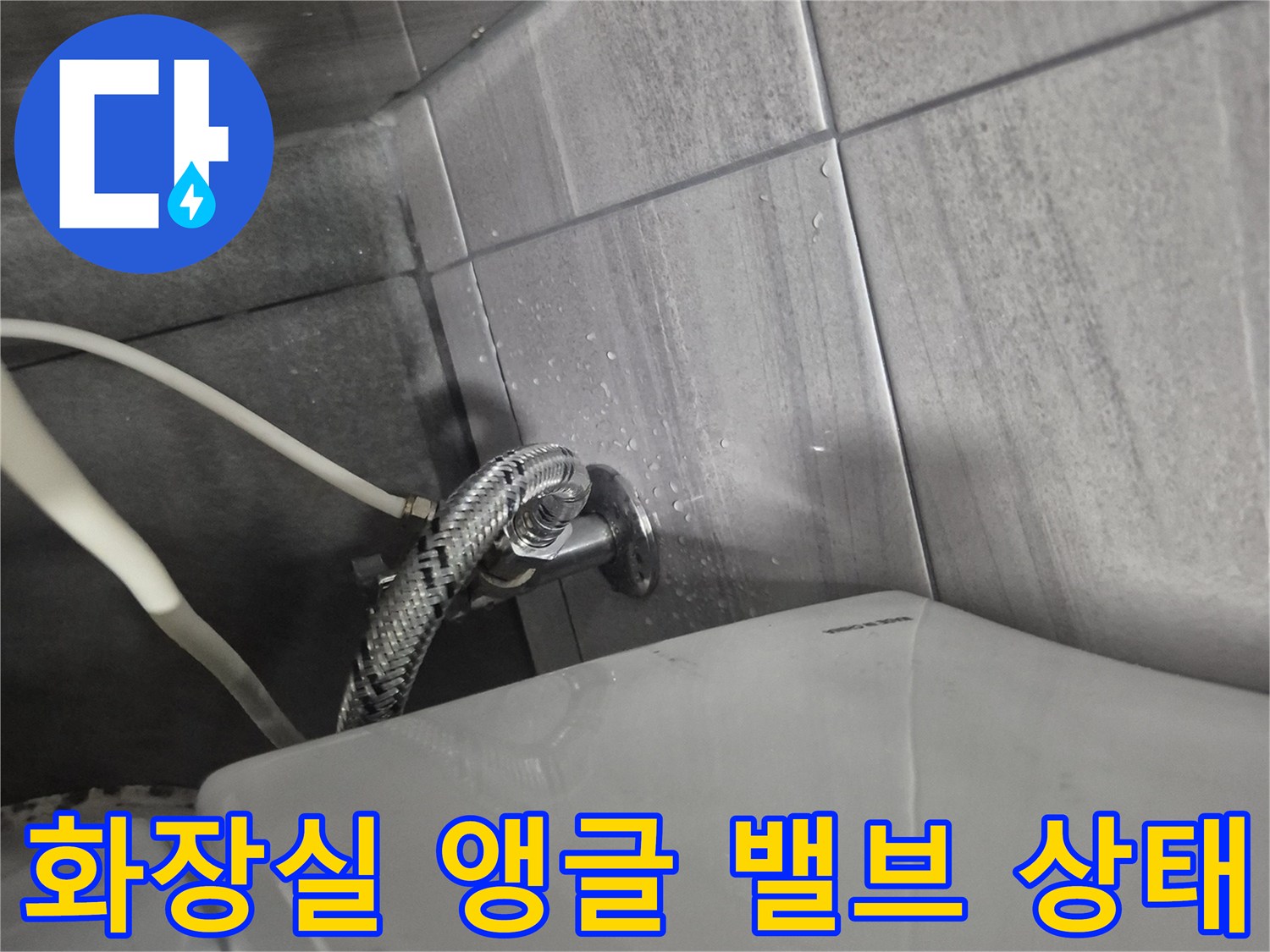 타일 벽면에 설치된 변기용 급수 밸브와 호스