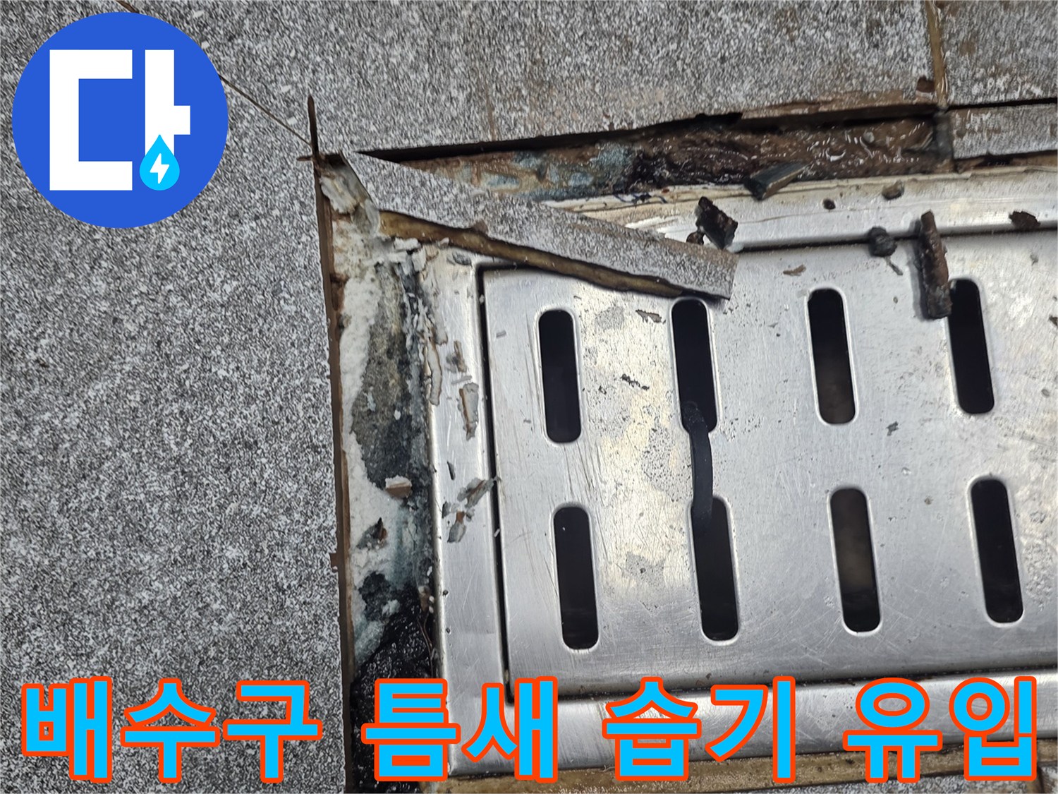 신현동 현장 사진-트렌치 배수구 주변의 갈라진 타일과 오염물