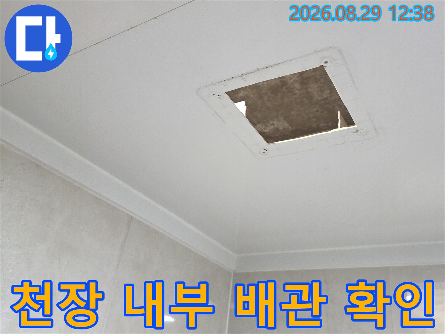 화장실 점검구-열려 있는 구멍을 통해 천장 내부를 정밀하게 조사하는 장면입니다.