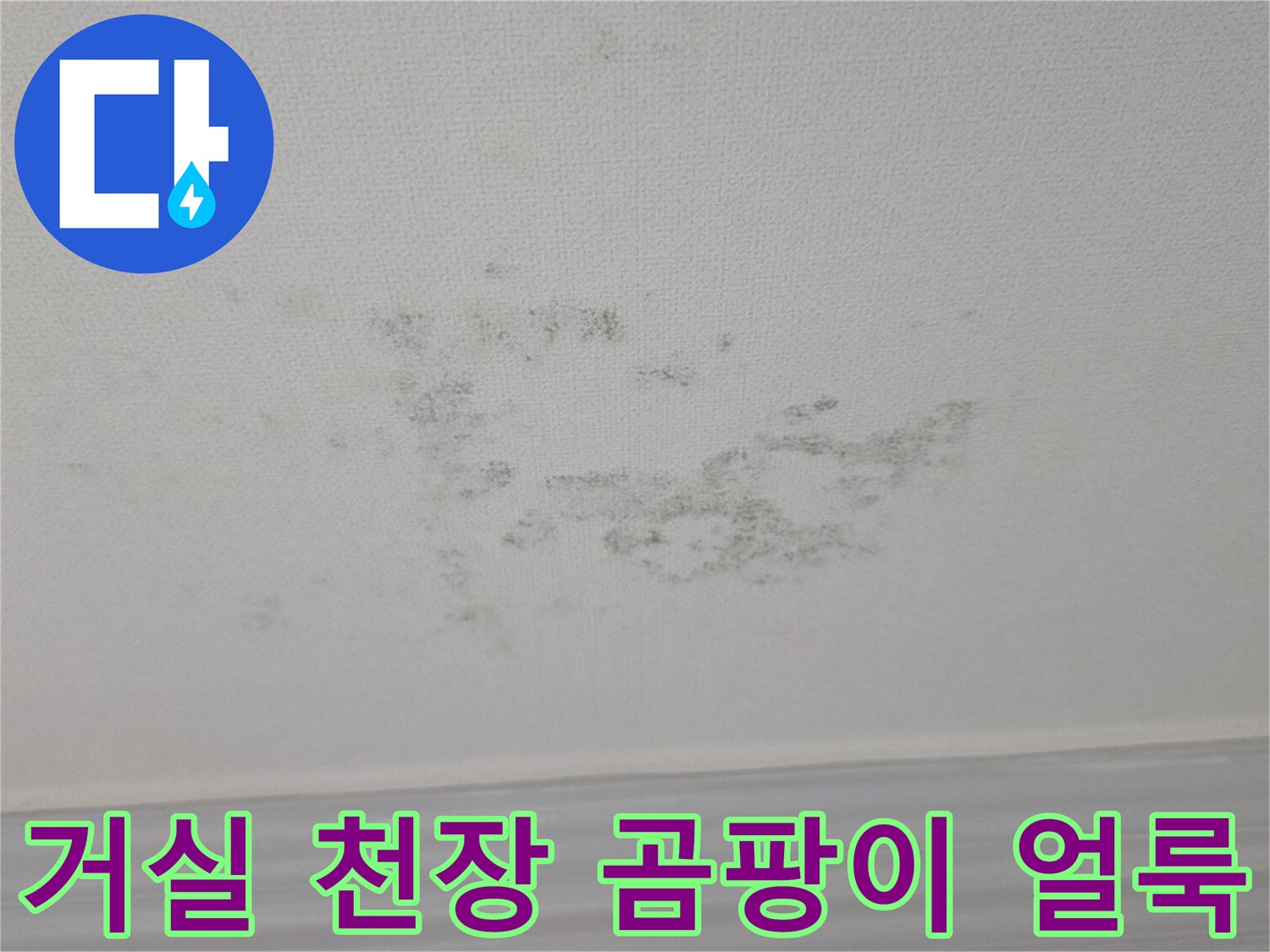 물샘으로 인해 검게 변한 거실 천장의 모습