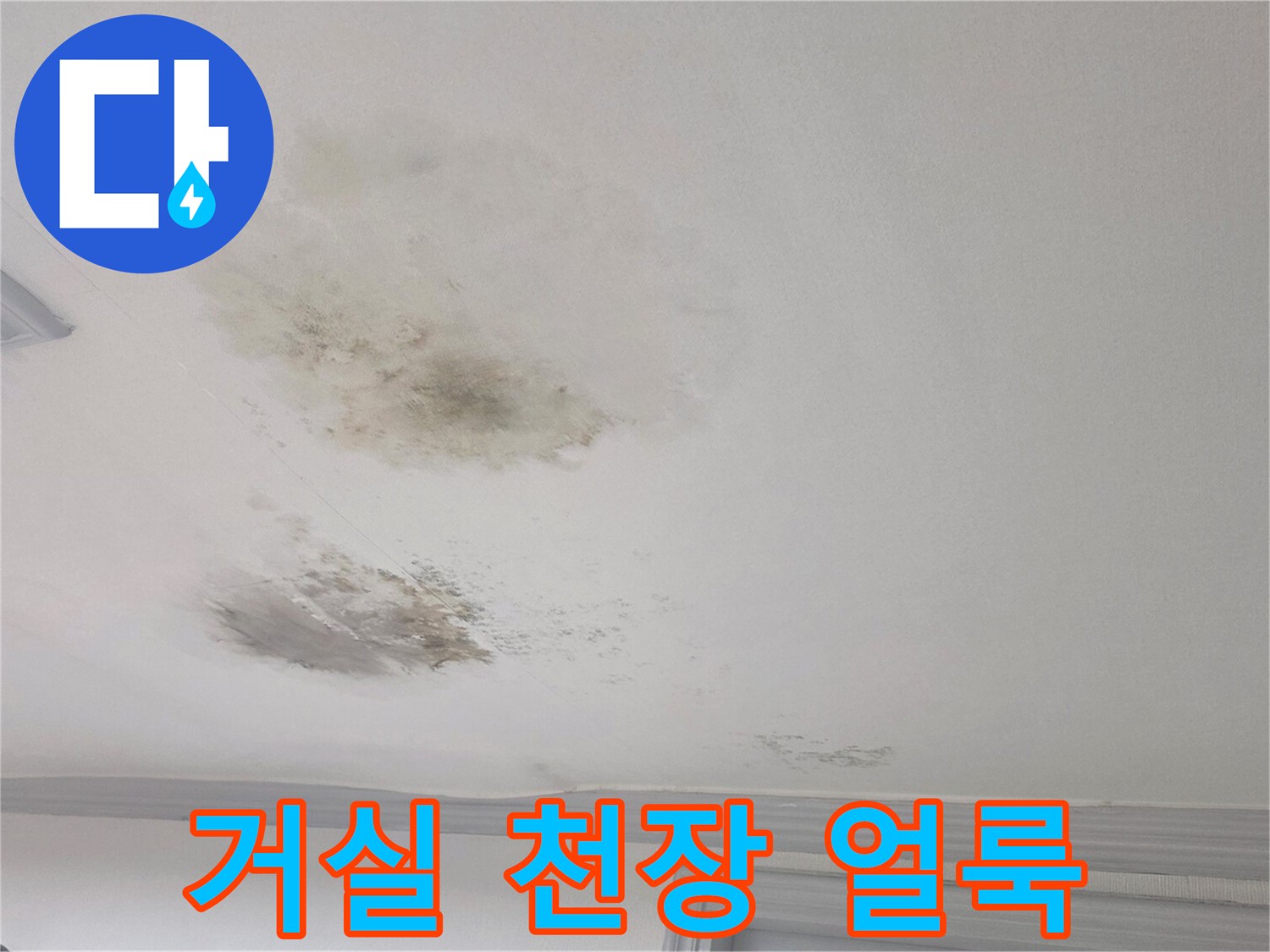물샘으로 인해 짙게 변색된 거실 천장 벽지 부분