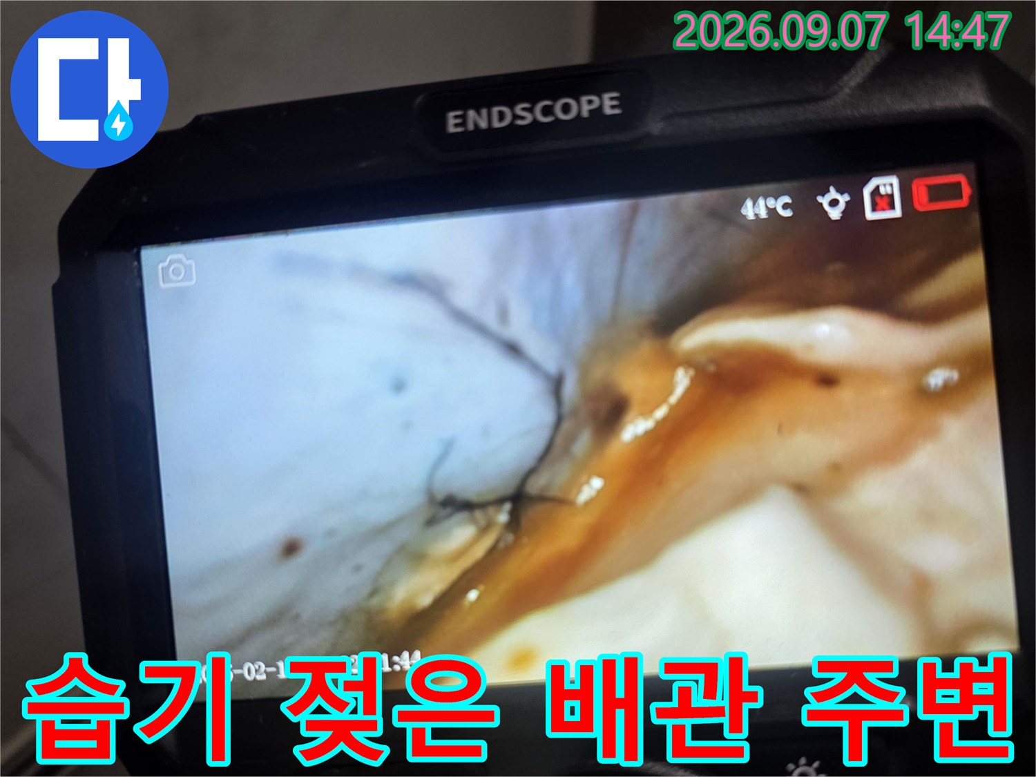 내시경으로 확인한-물에 젖어 어두워진 배관 부위