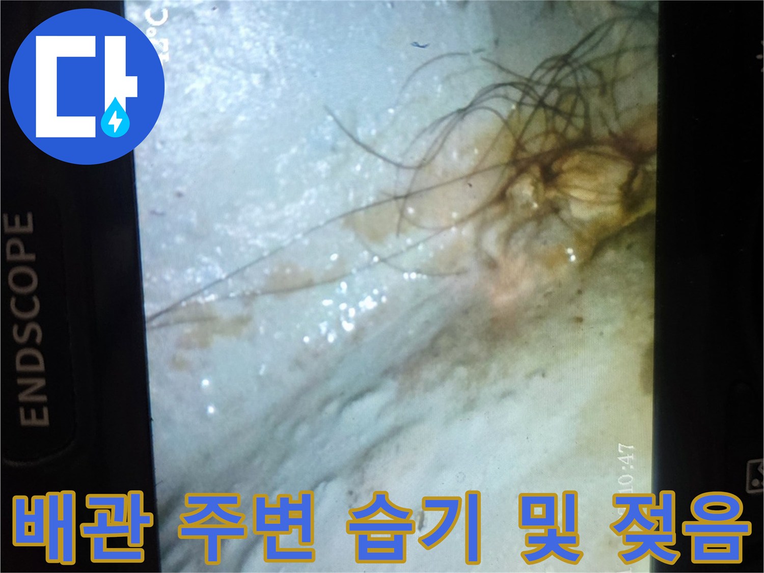 배관 연결 부위 주위에 스며든 누수 흔적과 습기