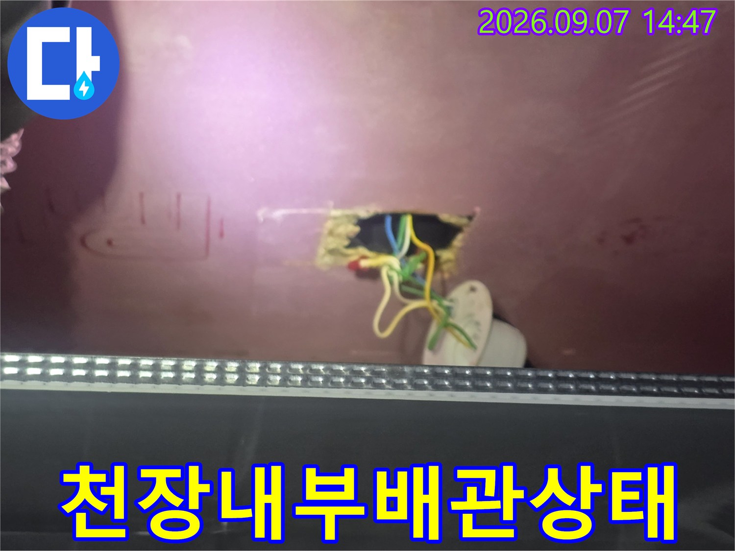 점검구 내부로 노출된 전선과 누수가 의심되는 배관 부위입니다.