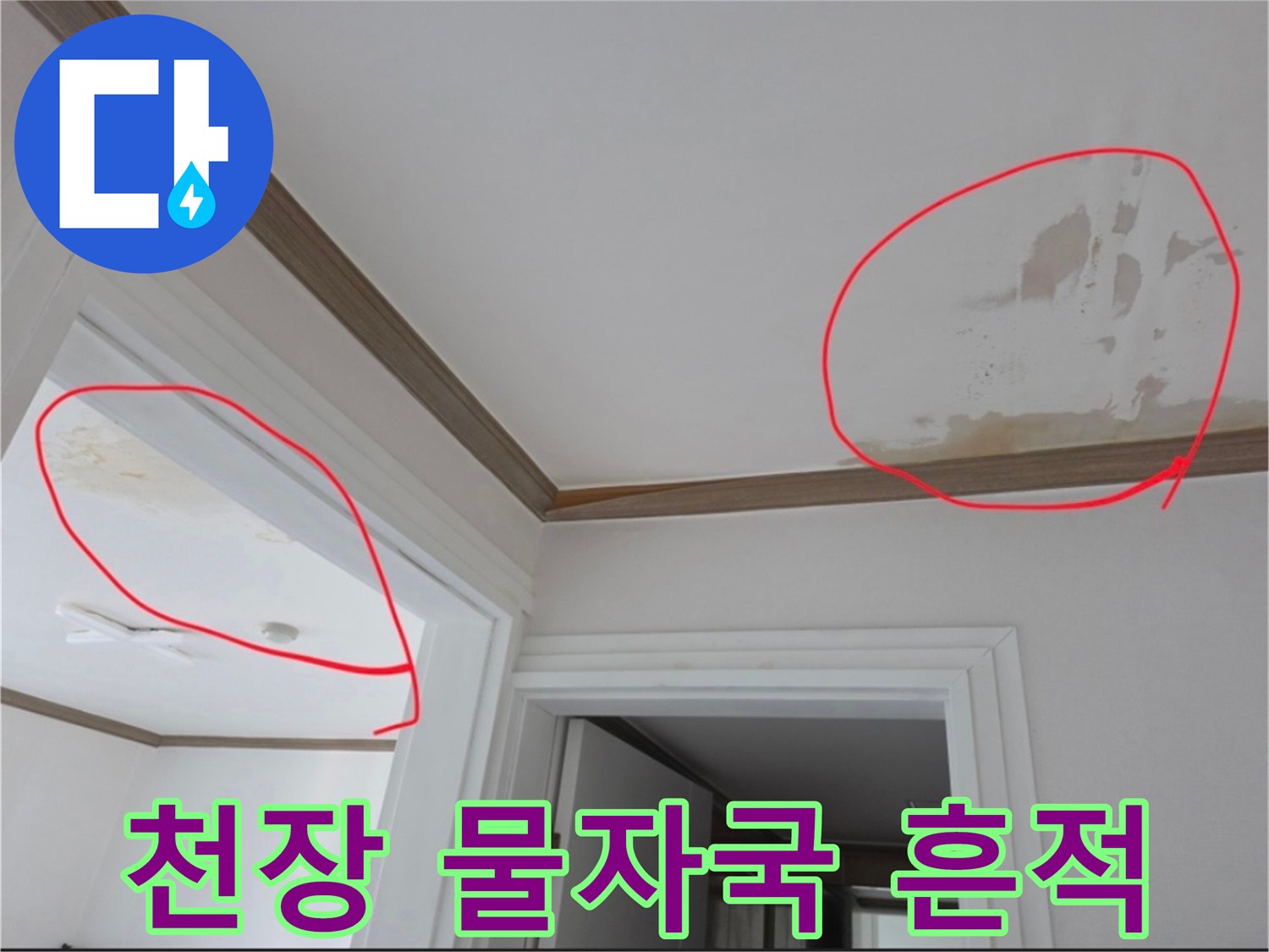 천장 몰딩과 벽면 경계의 누수 오염 상태 사진