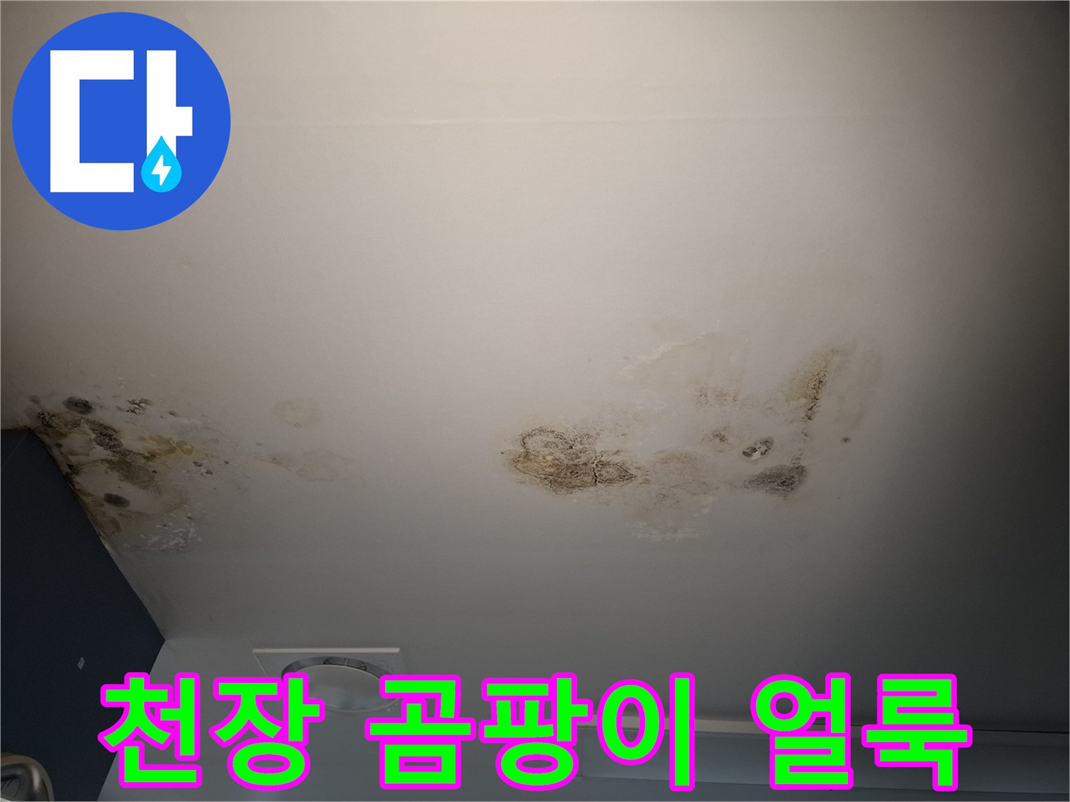 누수 발생 부위의-천장 텍스 변색 및 오염 상태