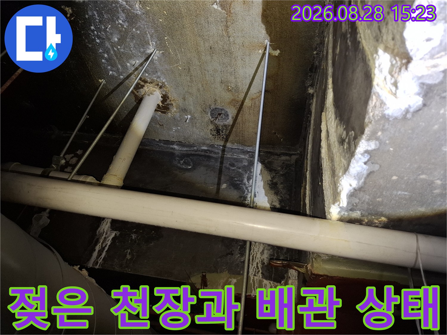 배관 주변의 습기와 젖은 천장 마감 부위