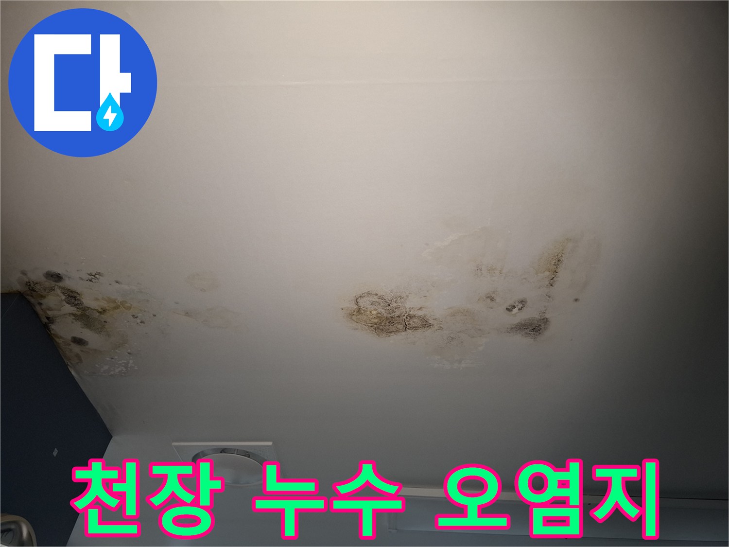 천장 텍스 표면의 누수 침투 및 변색 부위