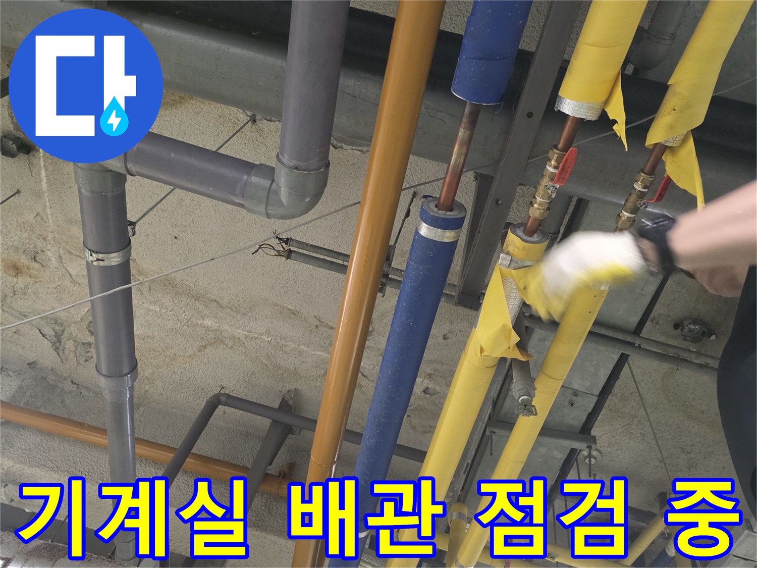 복잡한 배관 구조-누수 지점 확인을 위한 작업