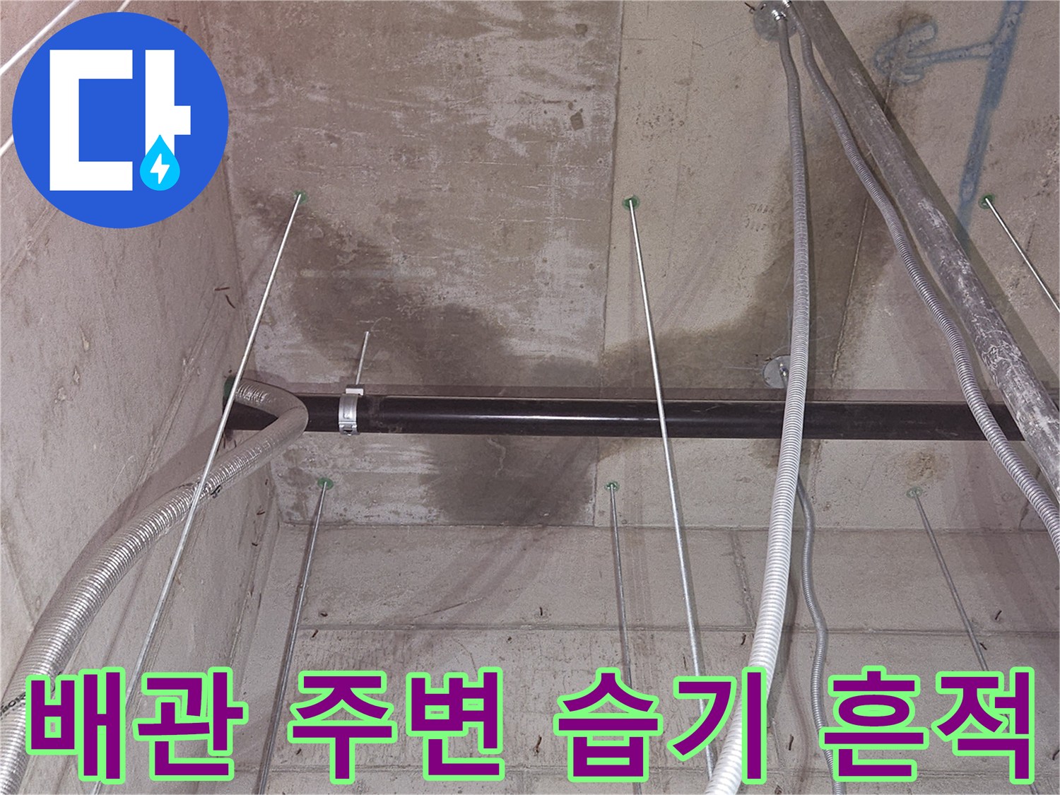 지하 창고-천장 배관 주위 물샘 자국