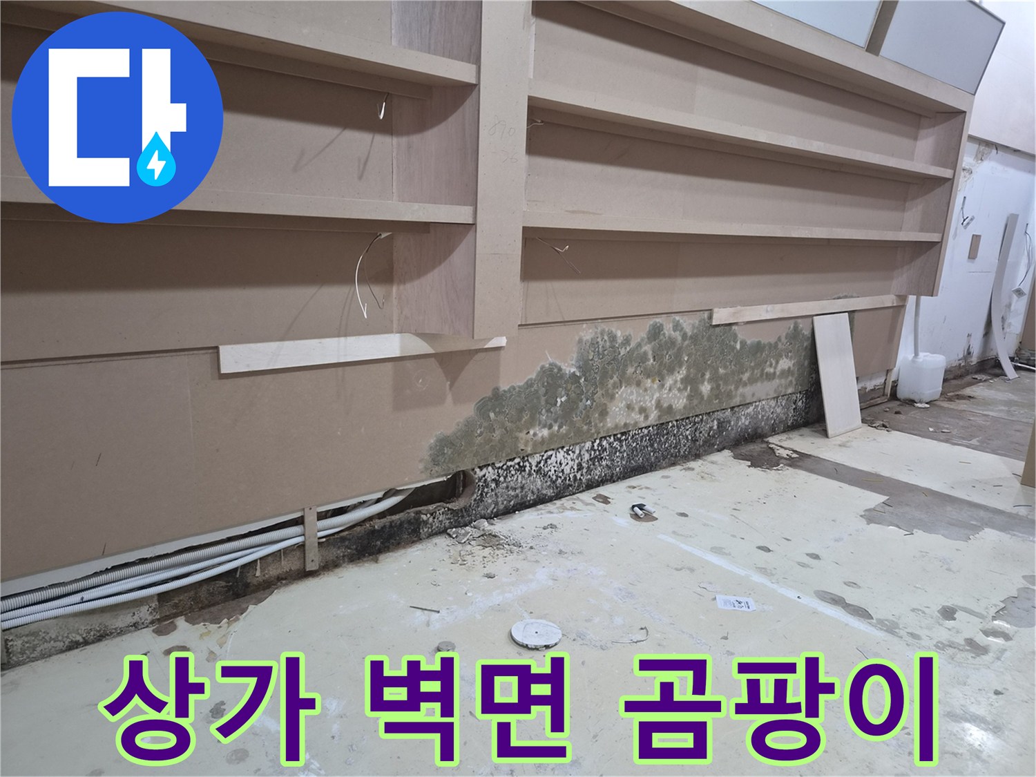 누수가 발생한-상가 가벽 하단 곰팡이 상태
