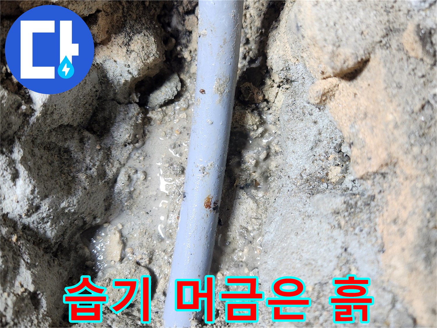 배관 주변의 젖은 흙과 노출된 직수 관로