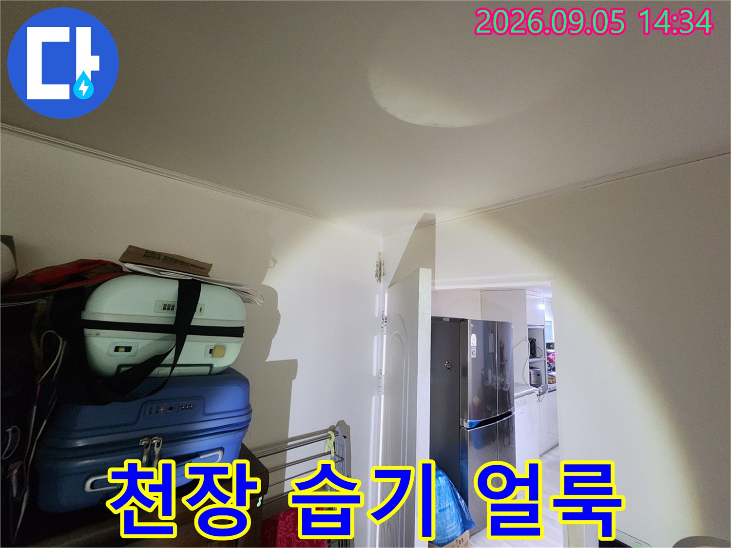 천장 벽지에 발생한 둥근 모양의 누수 변색 지점