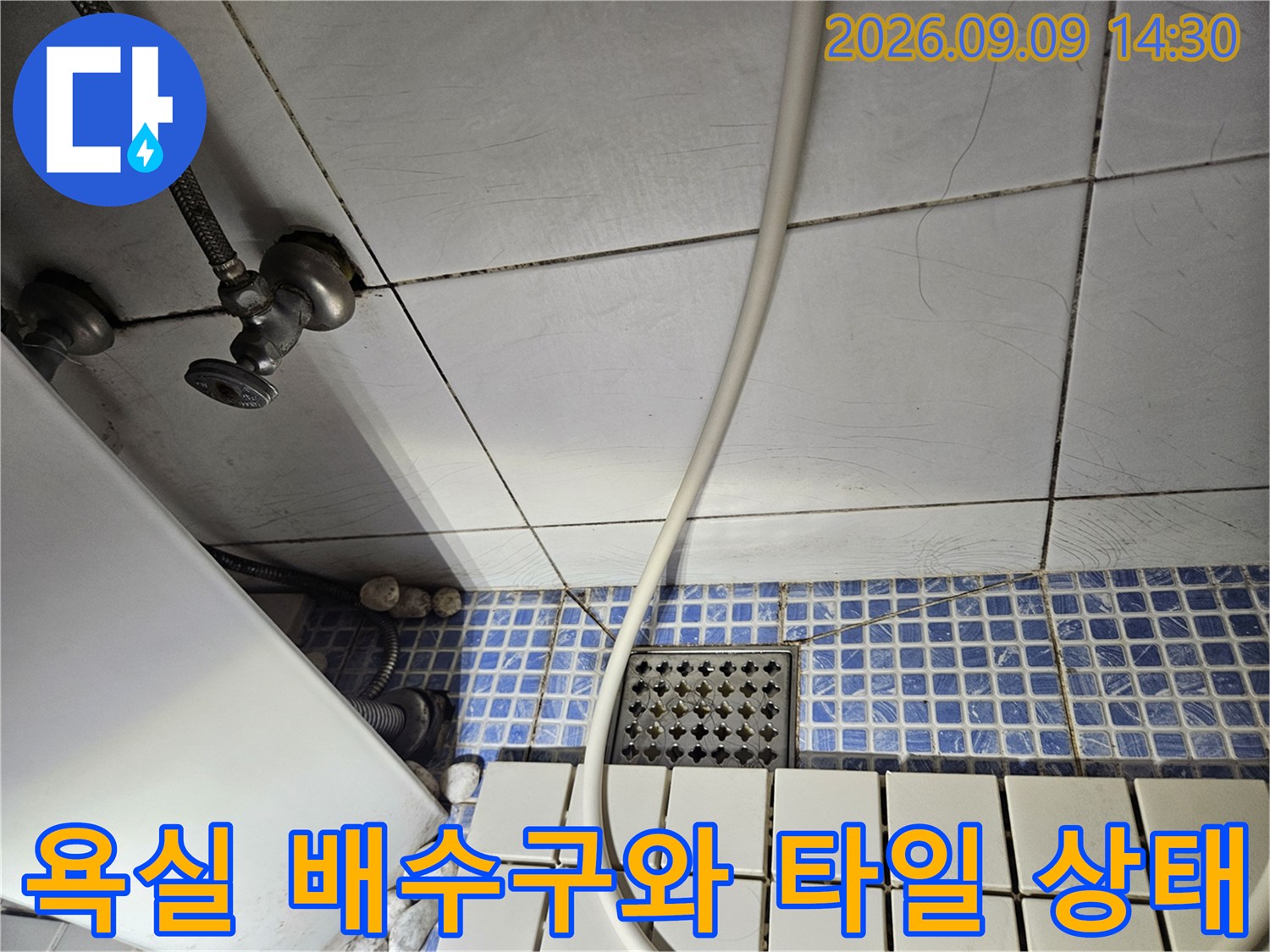 송파구 석촌동 현장의-욕실 배수구 주변 타일과 하부 배관 모습입니다.