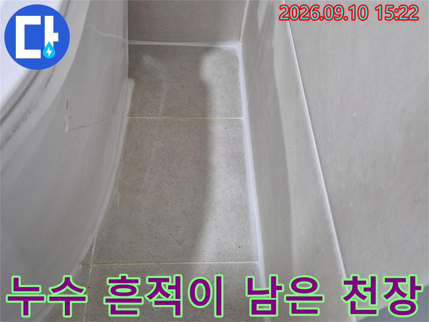 화장실 천장 타일 경계의 젖은 얼룩 부위 상세