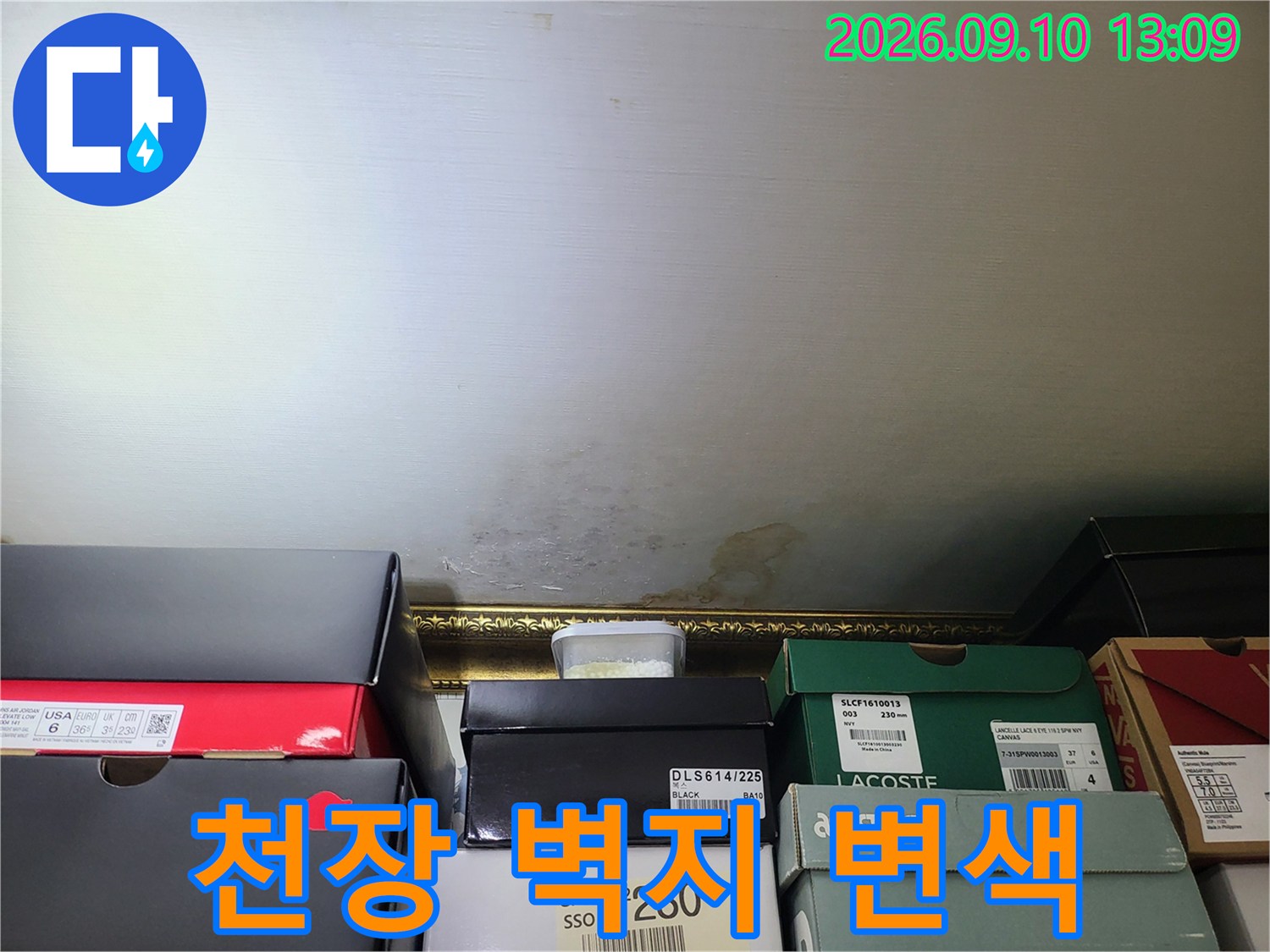물기가 스며들어 변색된 천장 벽면의 모습