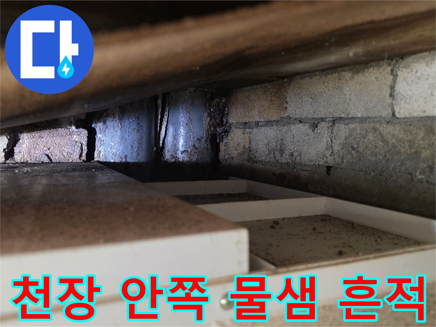 천장 텍스 내부의 배관 및 습기 머금은 벽돌 구조