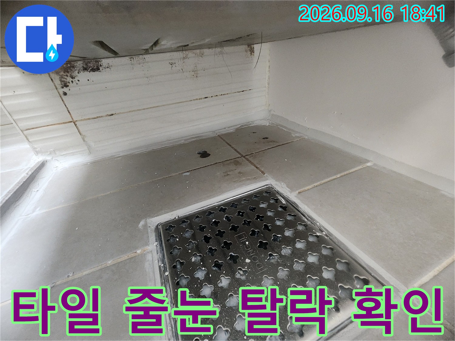 화장실 벽면 타일의 줄눈이 떨어진 상태와 배수구를 촬영했습니다.