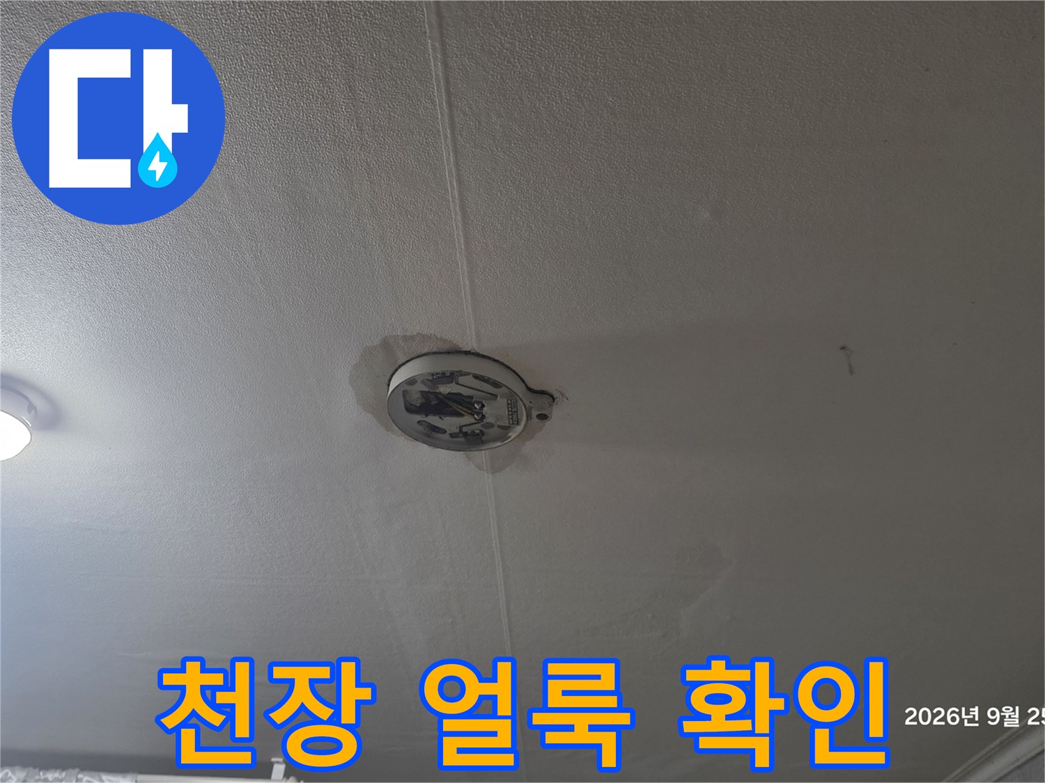 아랫집 천장에 발생한 물샘 흔적과 얼룩